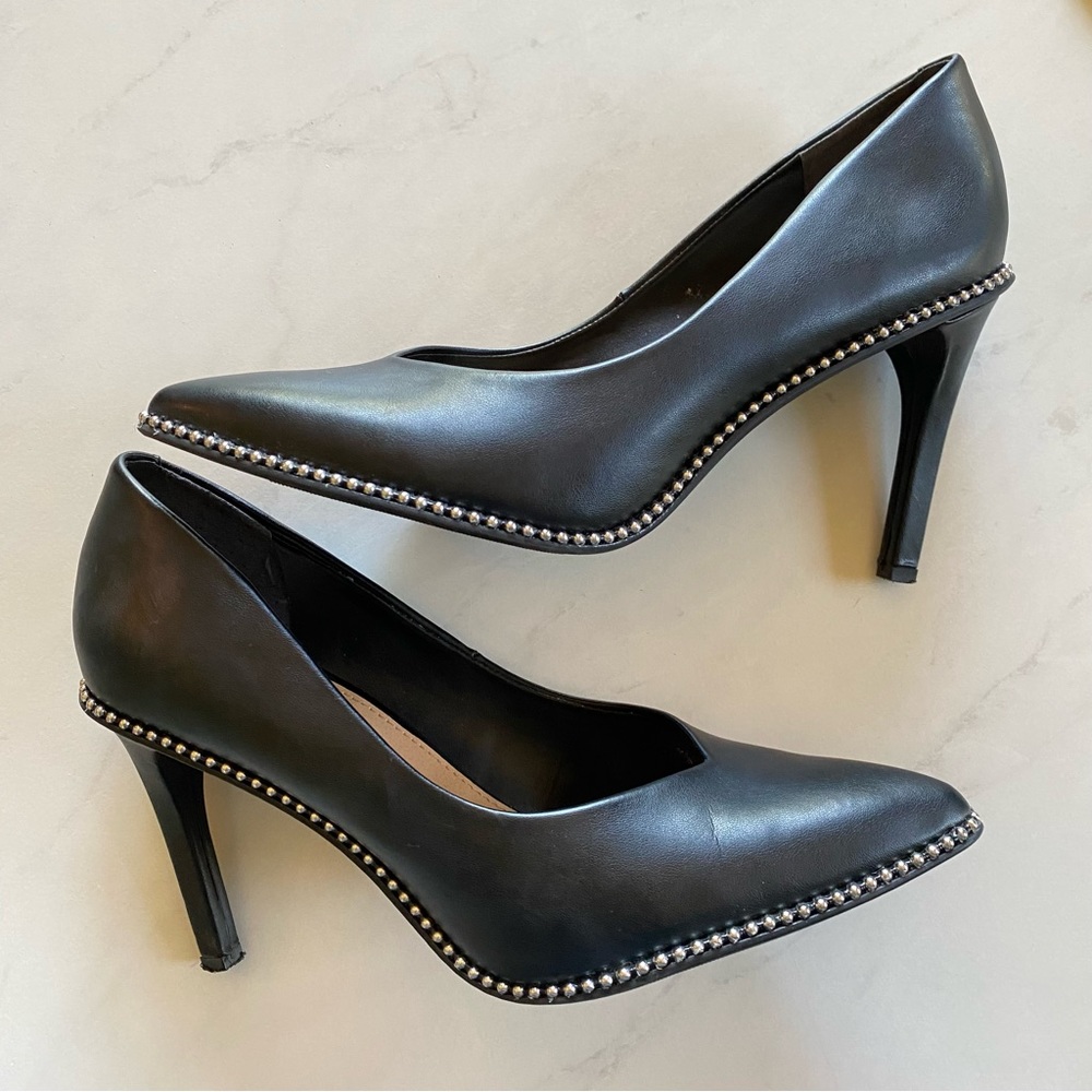 Bar III Black Binsa P Faux Leather Pointed Toe Heels Stilettos Silver Ball Trim - Picture 4 of 9